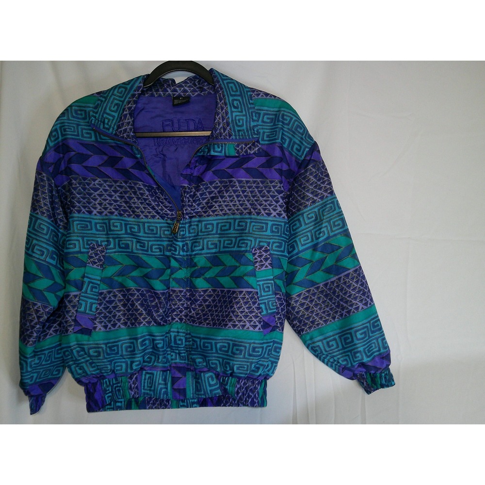 FUDA International 100%‎ Silk Bomber Jacket Abstract Geometric 90s VTG